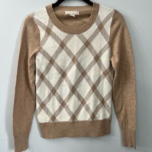 Banana Republic Cream Tan Cashmere Merino Wool Blend Argyle Sweater Extra Small